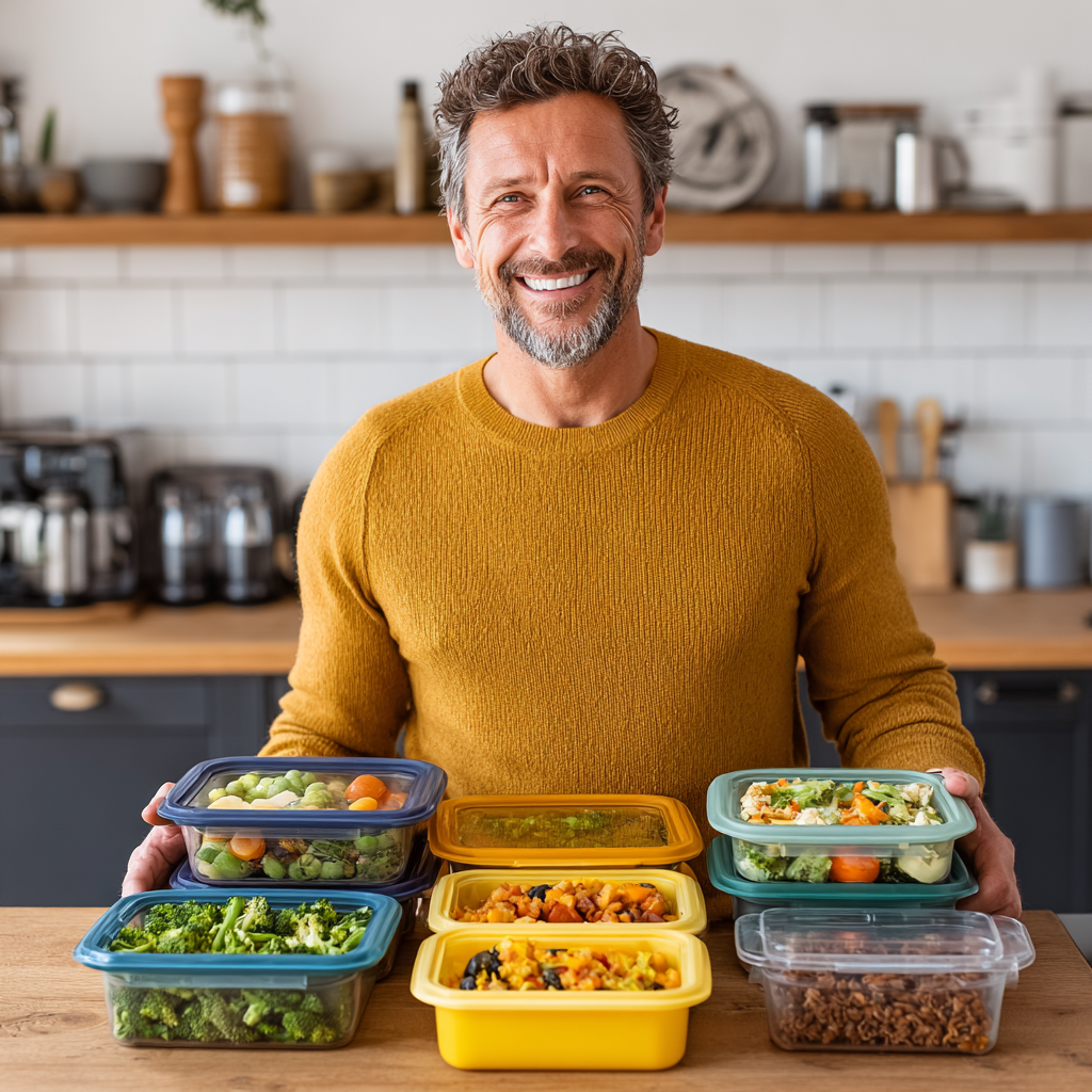 Cheerful man in his 40s holding colorful healthy meal prep containers in modern kitchen, showing variety of nutritious meals prepared for the week