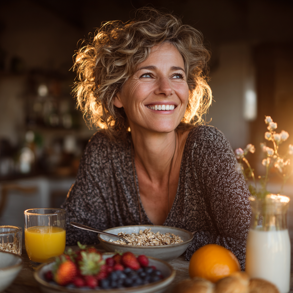 Happy woman in her late 40s enjoying healthy breakfast at home, sitting at table with fresh fruits, yogurt and whole grain cereals, natural morning light