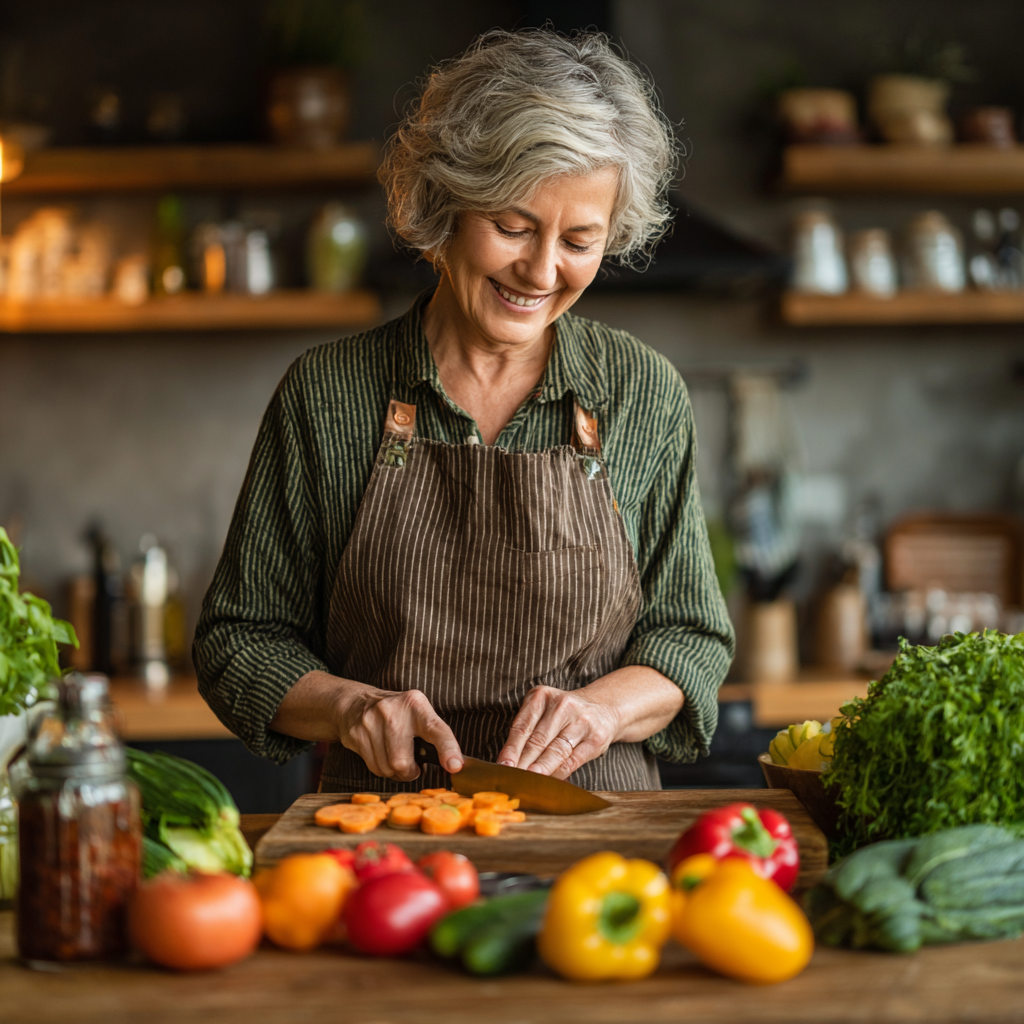 Middle-aged woman in her 50s preparing healthy colorful vegetables in modern kitchen, smiling while chopping fresh ingredients for nutritious meal planning